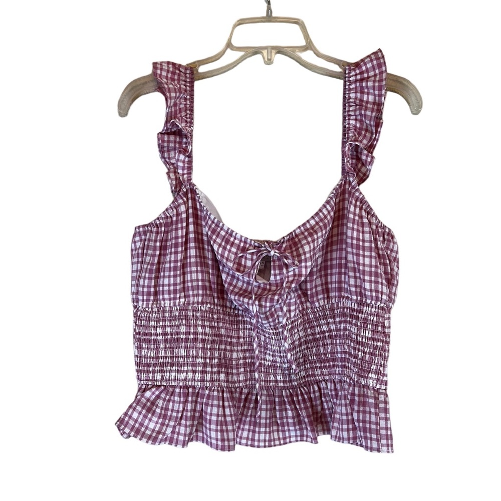 WAYF Mauve/White Gingham Smocked Ruffle Sleeve Tank Top Sz XL